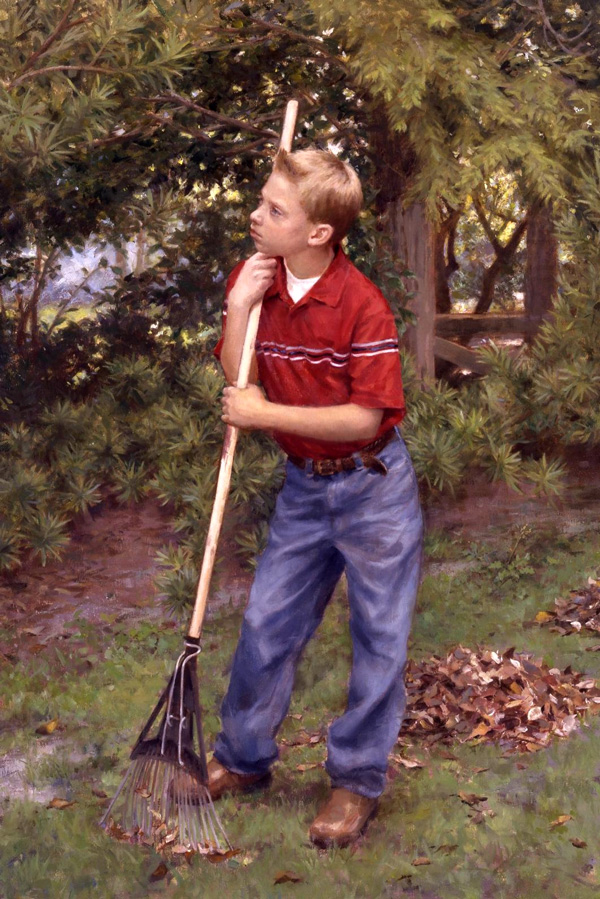 © Holly Hope Banks, Yardboy, portrait of a young boy leaning on a rake