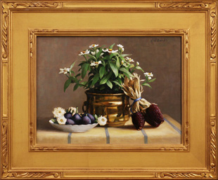 © Holly H. Banks, Flowers, Figs and Indian Corn still life oil on canvas
