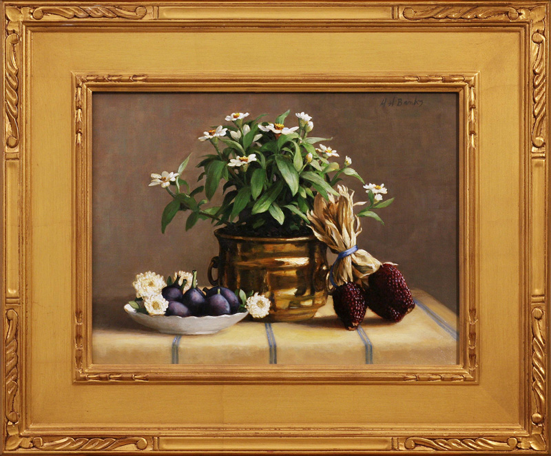 © Holly Hope Banks, Flowers, Figs and Indian Corn, oil painting